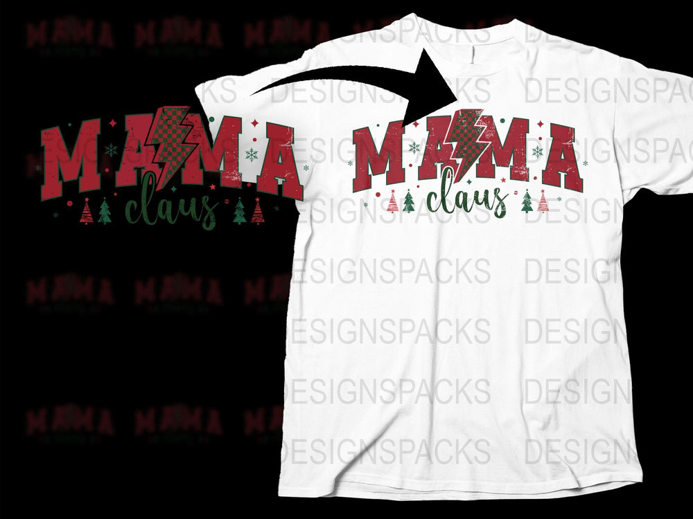 Mama Claus Christmas T-Shirt, Festive Holiday Tee, Women's Xmas Shirt with Trees and Snowflakes Design