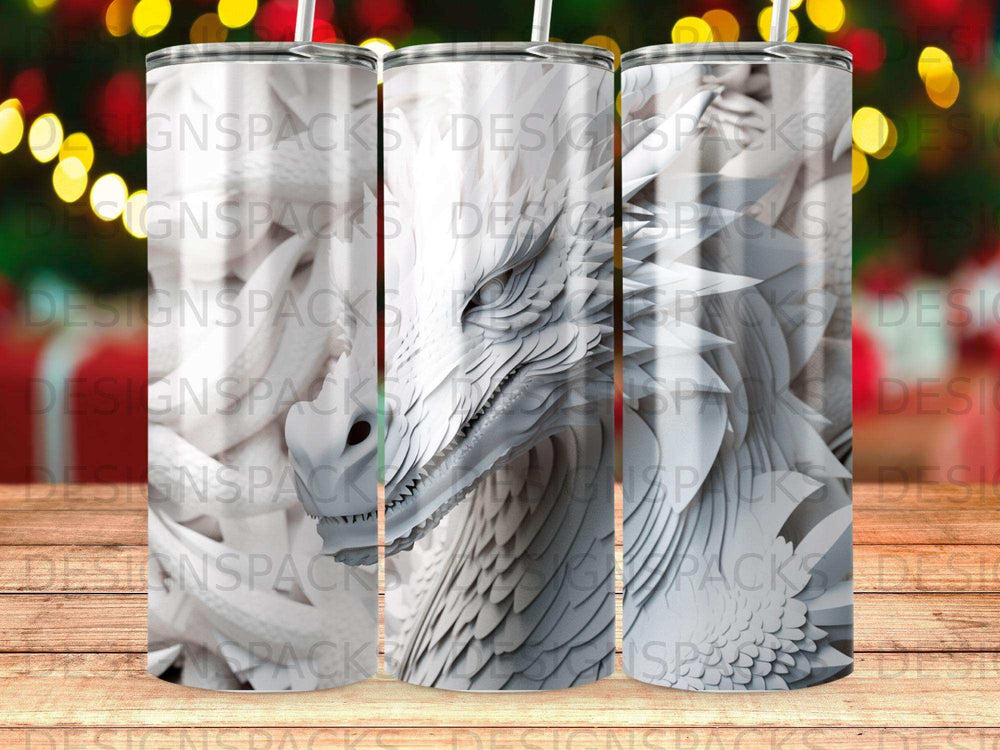 White dragon illustration on a tumbler with green and yellow bokeh background.