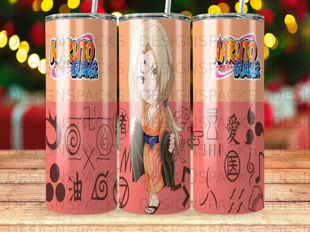 Naruto themed tumbler with Rin Nohara, Japanese characters, and village symbols.