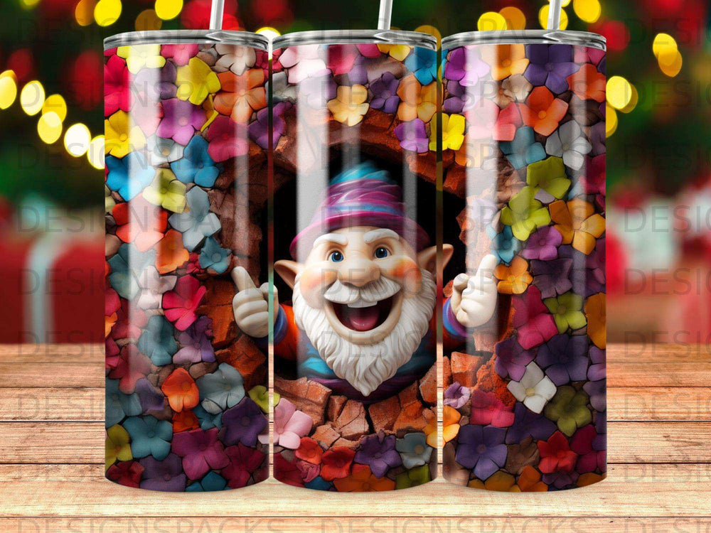 Smiling gnome peeking from colorful floral wall.