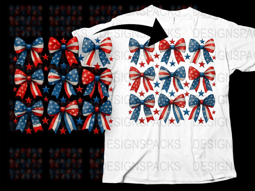 Patriotic American Flag Bows Stars Pattern T-Shirt, 4th of July Independence Day Celebration Tee, Unisex Adult Sizes