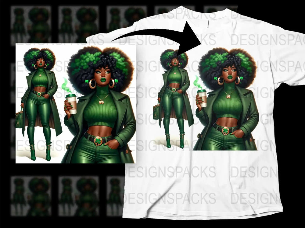 Afro Woman Graphic T-Shirt, Green Dress Fashion Illustration Tee, Unique Stylish Black Woman Art Shirt