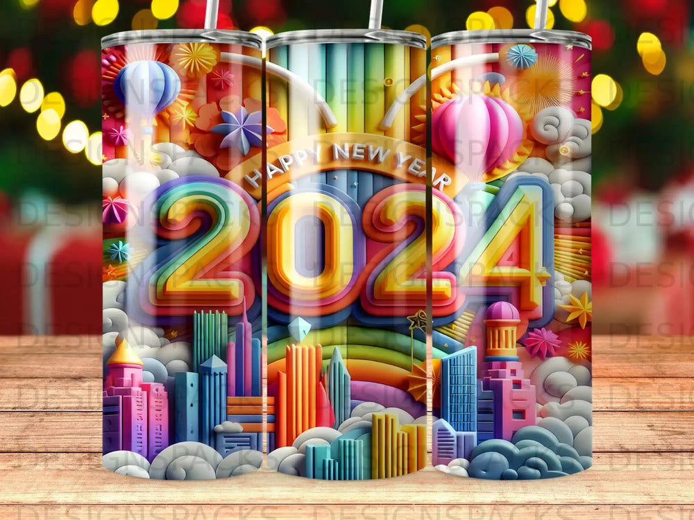 2024 New Year tumbler with colorful city skyline and festive decorations.