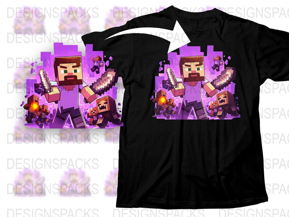 Retro Pixel Art Warrior T-Shirt, Men's Gaming Graphic Tee, Purple Blocky Character Design, Casual Cotton Shirt