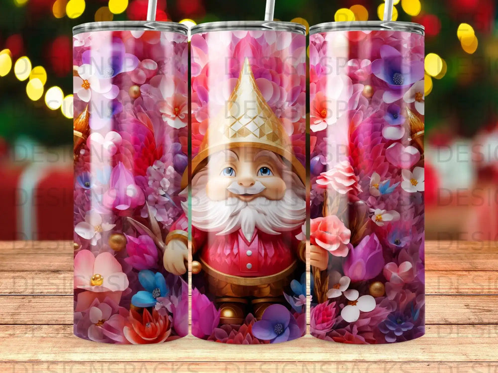Gnome character with pink and purple floral background.