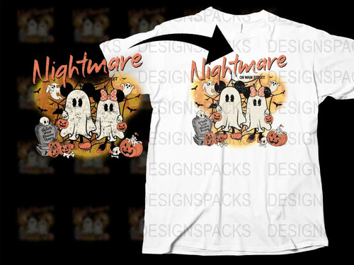 Halloween Ghost T-Shirt, Spooky Nightmare Graphic Tee, Pumpkin and Bat Design, Fall Season Clothing for All Ages
