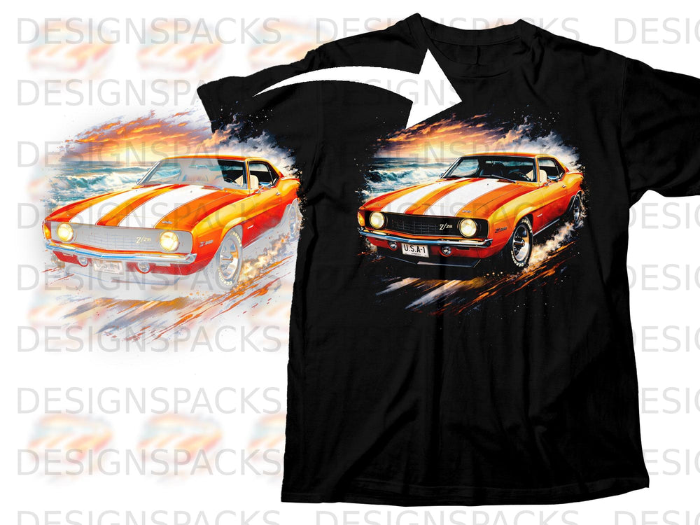 A black t-shirt printed with a watercolor graphic of an orange vintage muscle car.