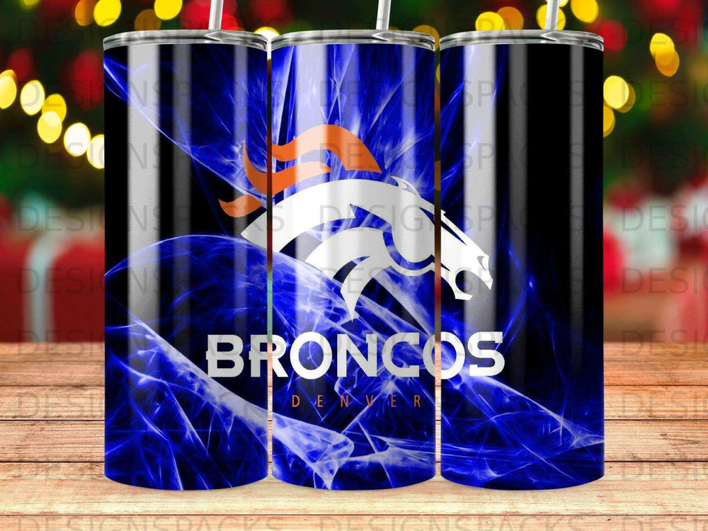 Denver Broncos logo on a blue and white gradient tumbler with flame accents.