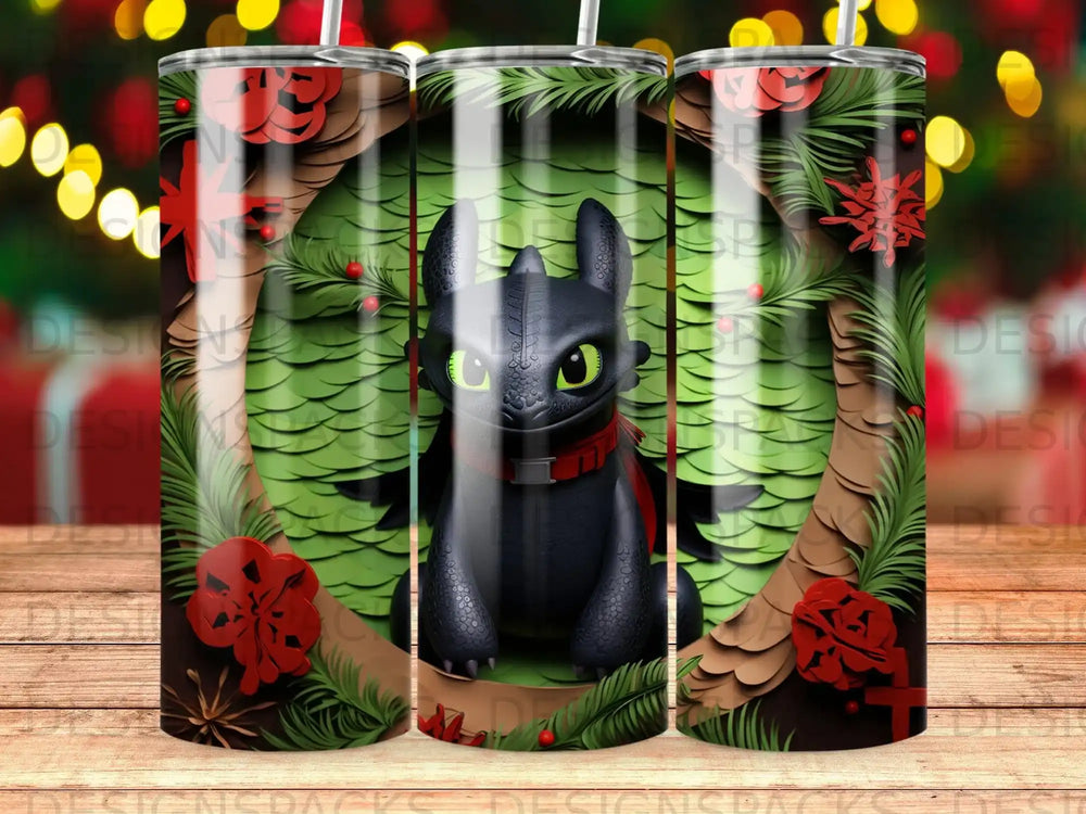 Toothless from How to Train Your Dragon with Christmas decorations.