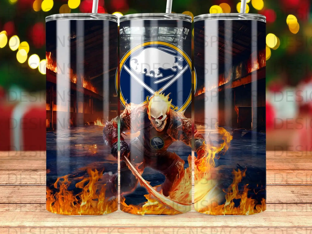 Buffalo Sabres themed tumbler with a fiery skull and crossbones graphic.