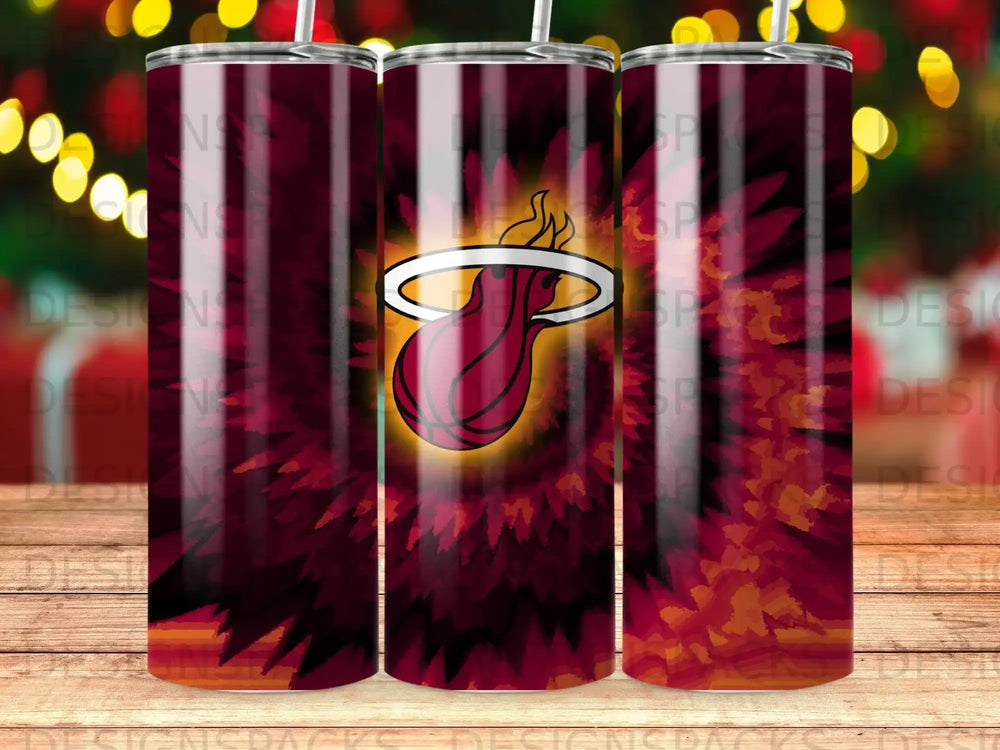Miami Heat logo on a red and orange tie-dye tumbler with a straw.
