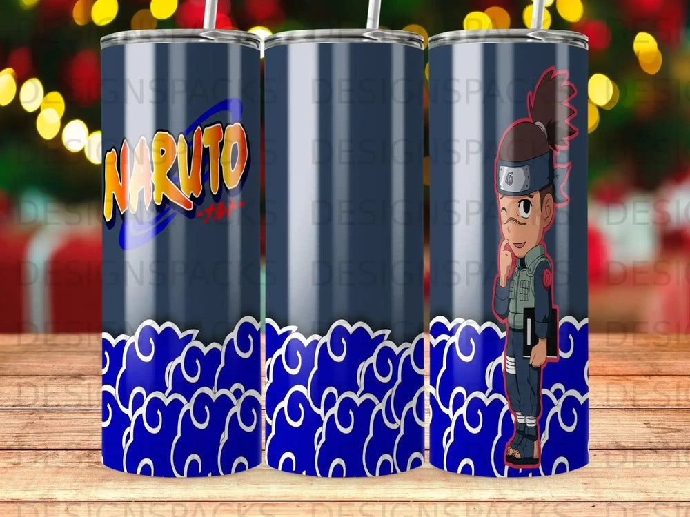 Naruto Uzumaki logo and cloud pattern on three metal tumblers.
