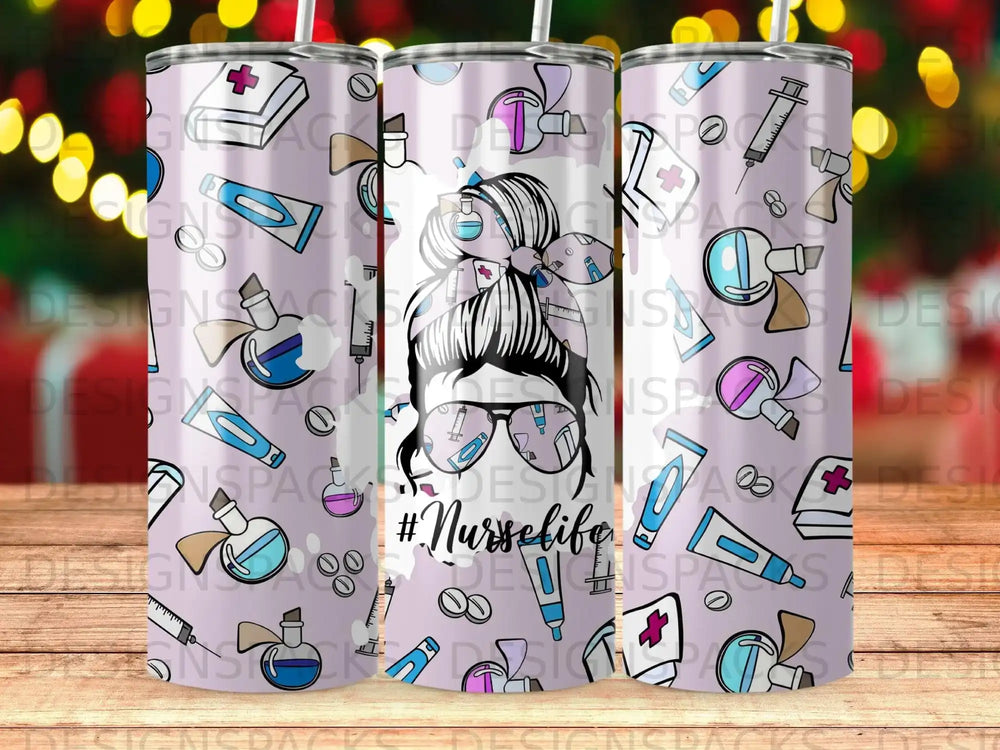 Tumbler with nurses' icons and messy bun graphic, "#NurseLife" text.