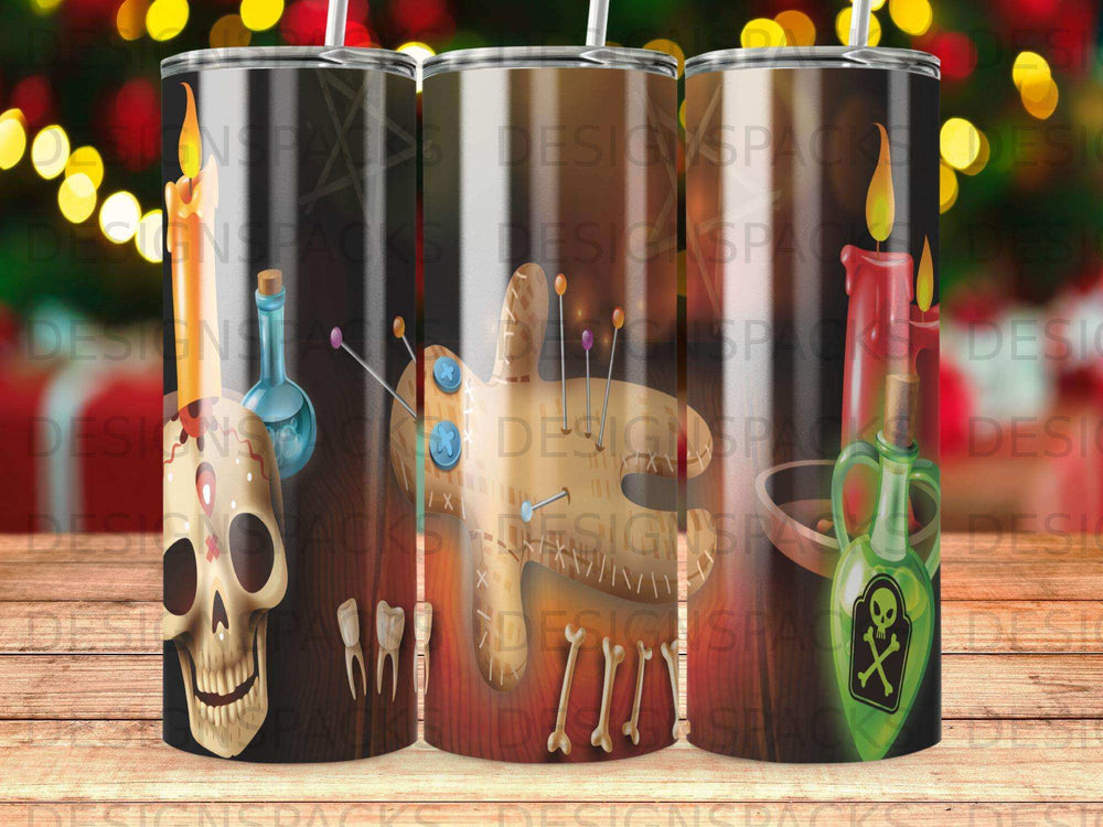 Voodoo doll with pins, skull, and poison bottle on tumblers.