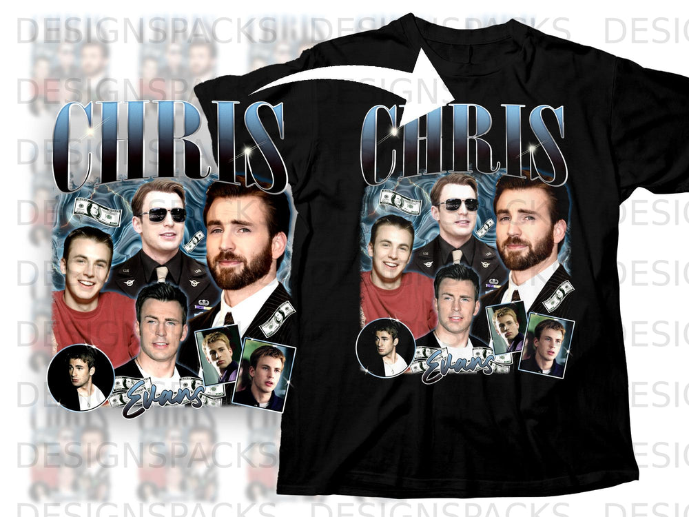 Black t-shirt with collage of Chris Evans images, "CHRIS" and "Evans" text.