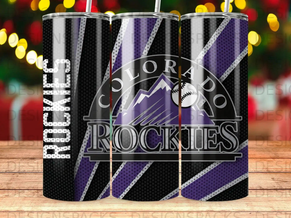 Colorado Rockies tumbler with team logo and purple stripes.