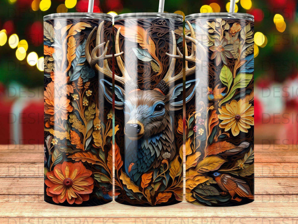 Tumbler with detailed deer head and floral pattern.