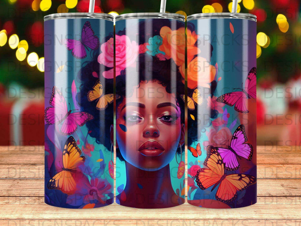 Woman with butterflies and flowers on a colorful tumbler.