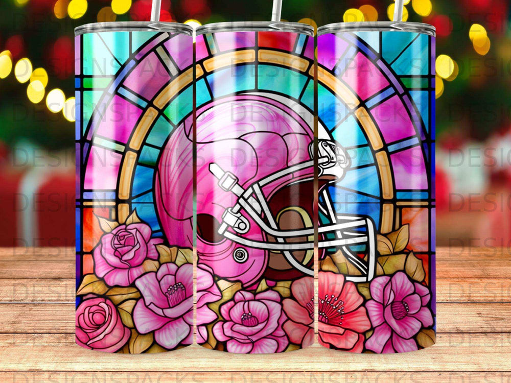 Pink football helmet in stained glass window with roses.