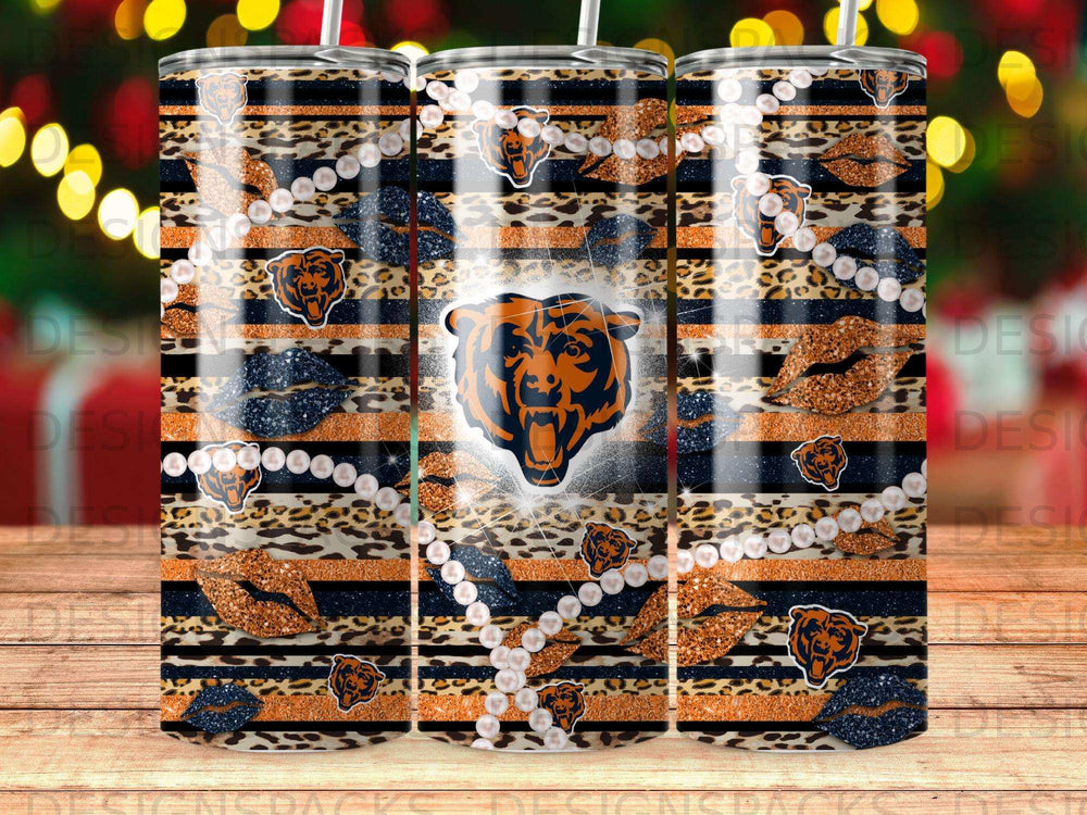 Glitter lips and leopard print design on a tumbler with a Chicago Bears logo.