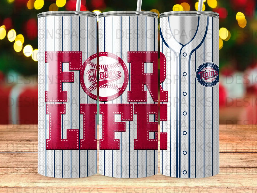 Minnesota Twins baseball team logo and "FOR LIFE" text on a striped tumbler.