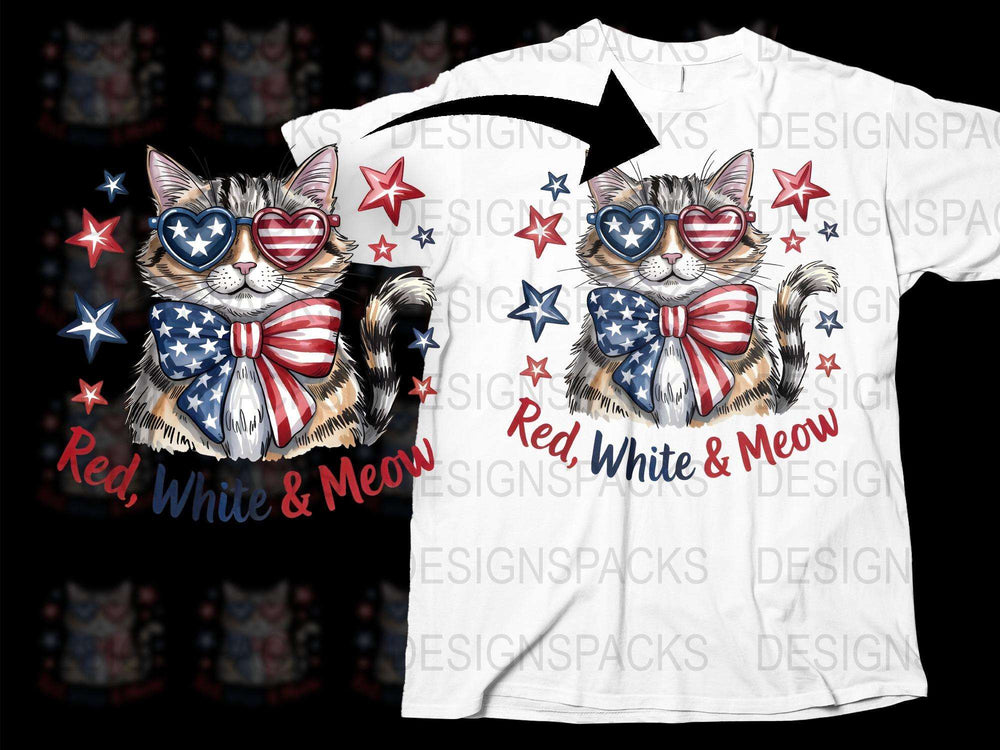 Patriotic Cat T-Shirt, Red White and Meow, American Flag Sunglasses, Stars, Cute Cat Lover Gift, Independence Day Outfit