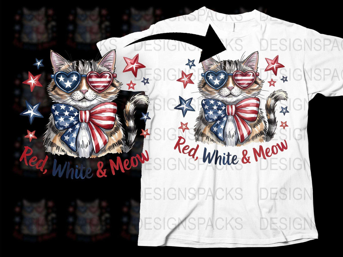 Patriotic Cat T-Shirt, Red White and Meow, American Flag Sunglasses, Stars, Cute Cat Lover Gift, Independence Day Outfit