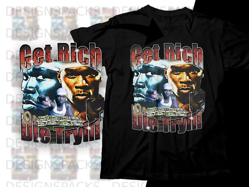 Black t-shirt with graphic of 50 Cent, text reads "Get Rich Or Die Tryin'".