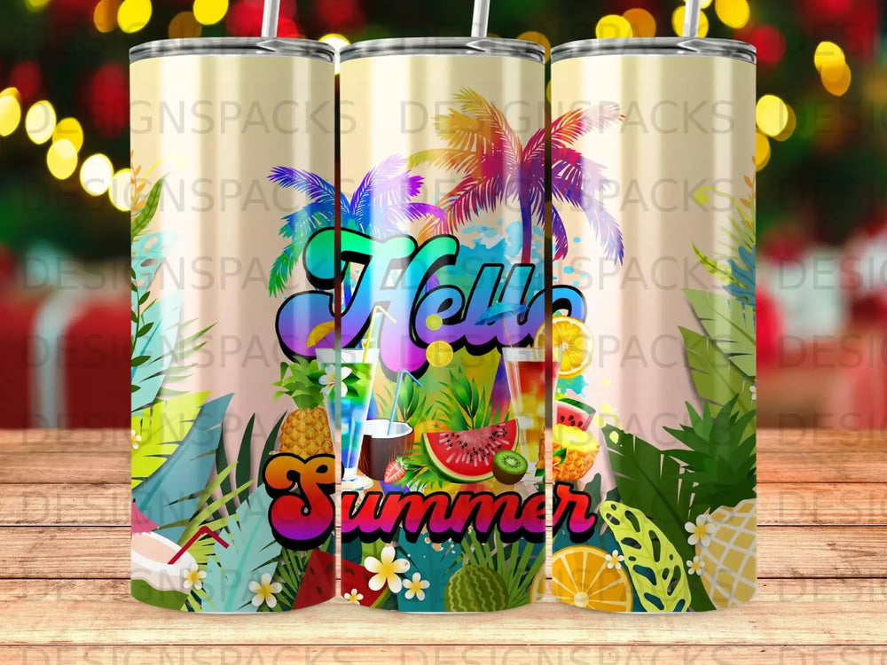 "Holi" text with tropical drinks, fruit, and palm trees.