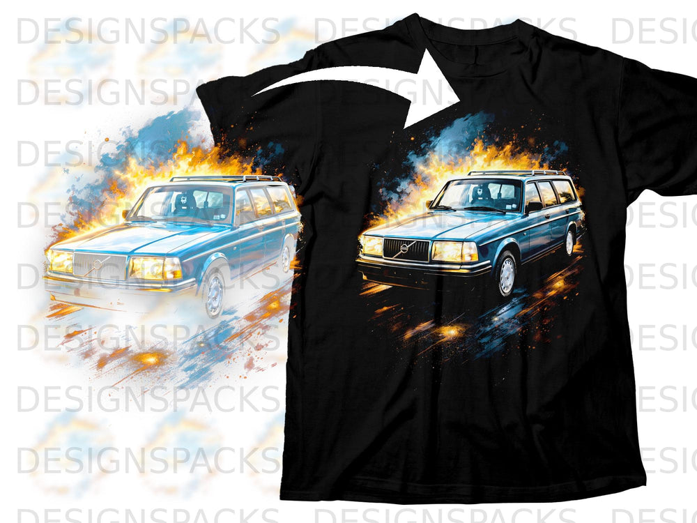 Blue Volvo station wagon with abstract flames and paint splatters on a black t-shirt.