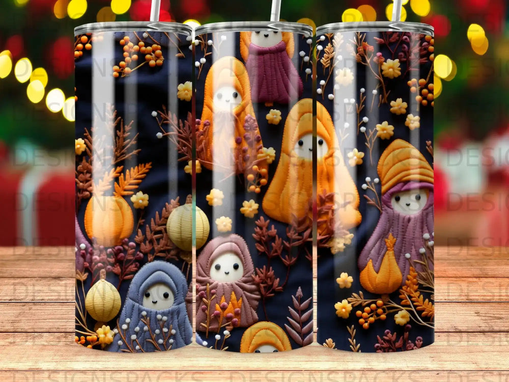 Four smiling figures in hooded outfits with floral and pumpkin details.