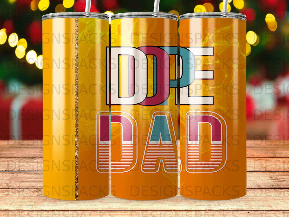 Orange tumbler with "DE" and "DAD" in bold letters, white lid.