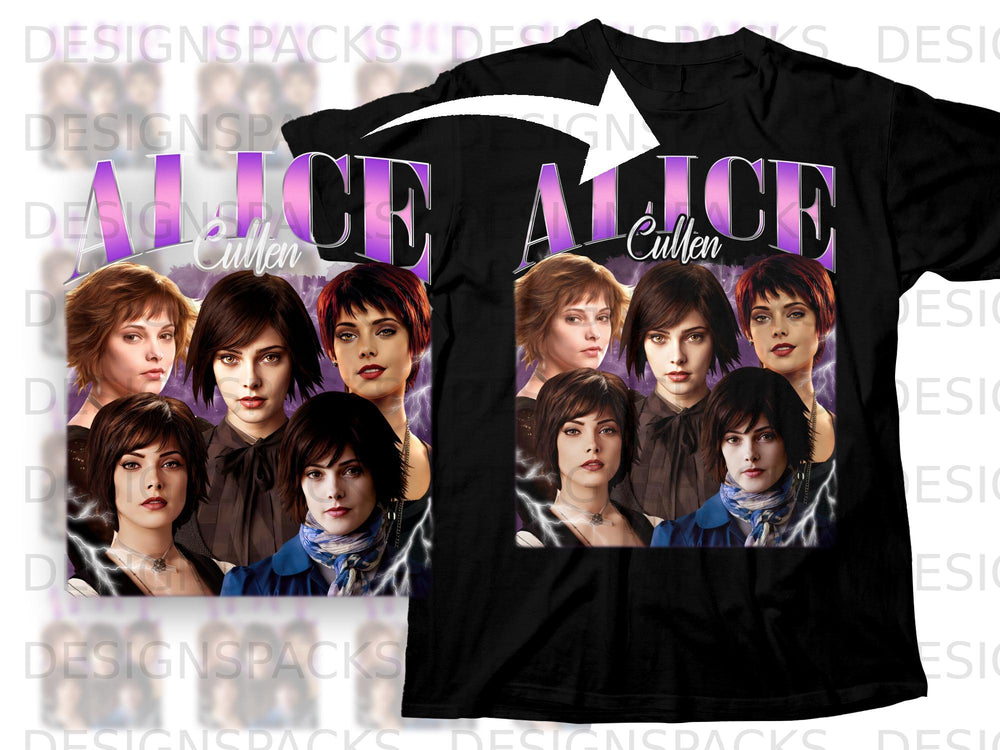 Black t-shirt with "ALICE CULLEN" graphic and four women.