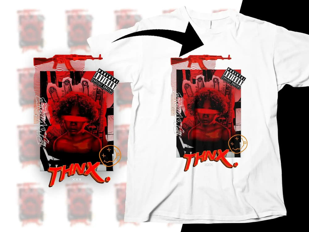 White t-shirt with red and black graphic design featuring THNX text, parental advisory label, and child image