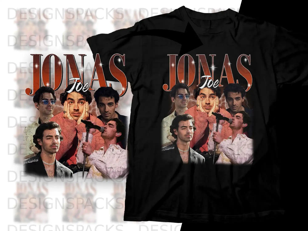 Joe Jonas collage on a black t-shirt.