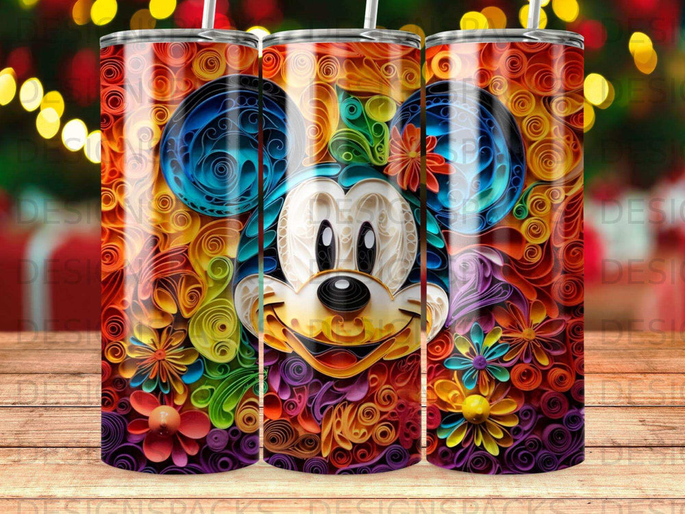 Mickey Mouse face with colorful floral paper quilling on a tumbler.