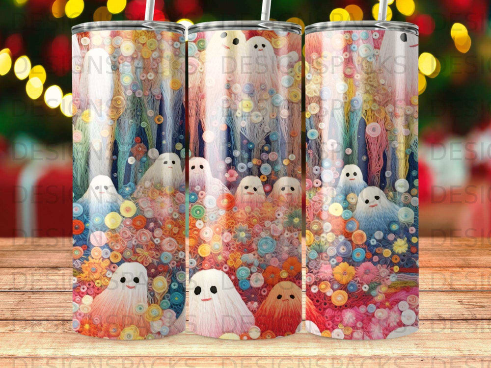 Three tumblers with a whimsical ghost and floral pattern.