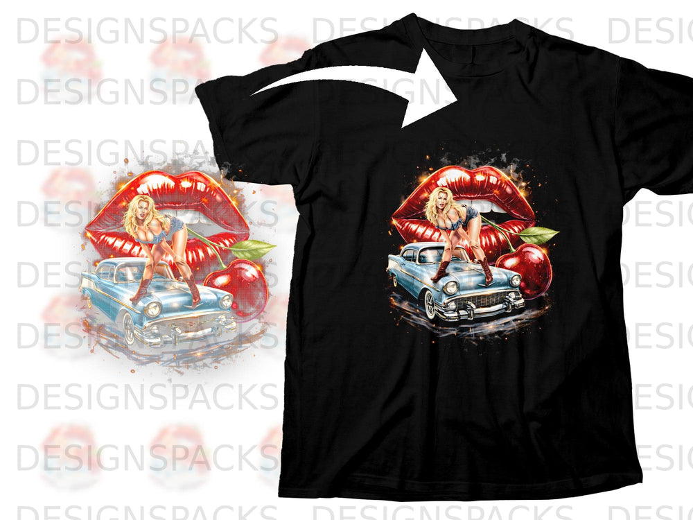 Black t-shirt with a graphic of large red lips, a blonde woman, and a blue classic car.