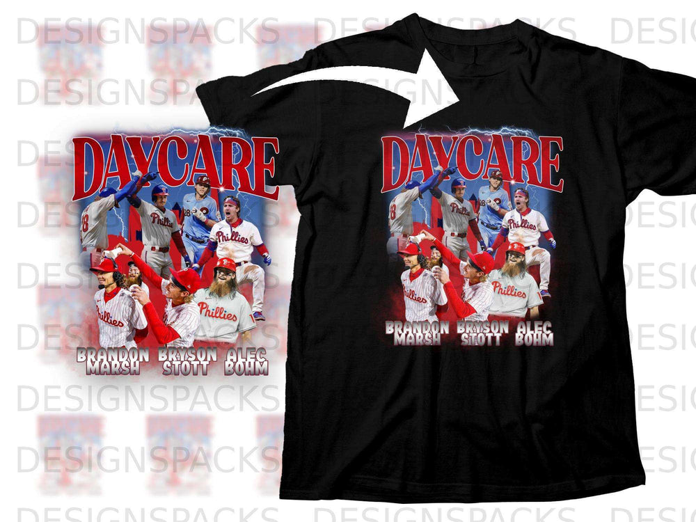 Philadelphia Phillies players Brandon Marsh, Bryson Stott, and Alec Bohm on a black t-shirt.