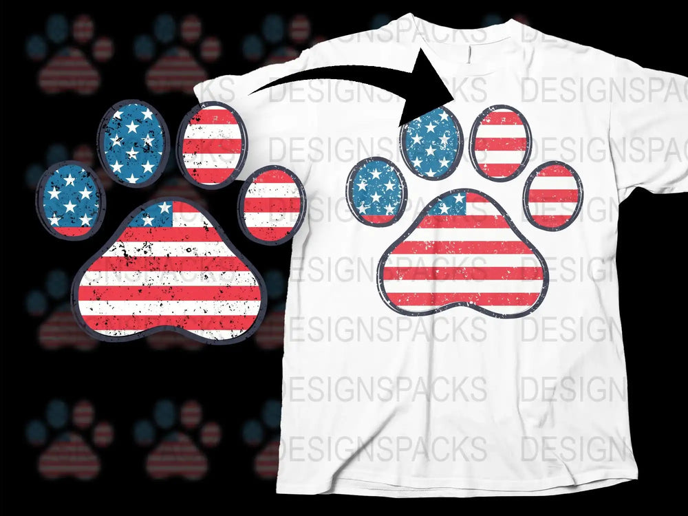 Patriotic Paw Print T-Shirt, American Flag Design, Unisex Casual Summer Top, Red White and Blue