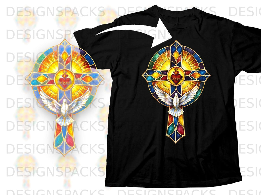 Black t-shirt featuring a colorful stained-glass cross with a dove and sacred heart.