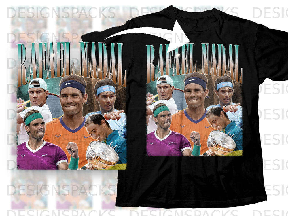 Rafael Nadal graphic t-shirt with multiple portraits and text.