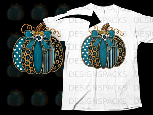 Pumpkin graphic with jaguar head and leopard print on a white t-shirt.