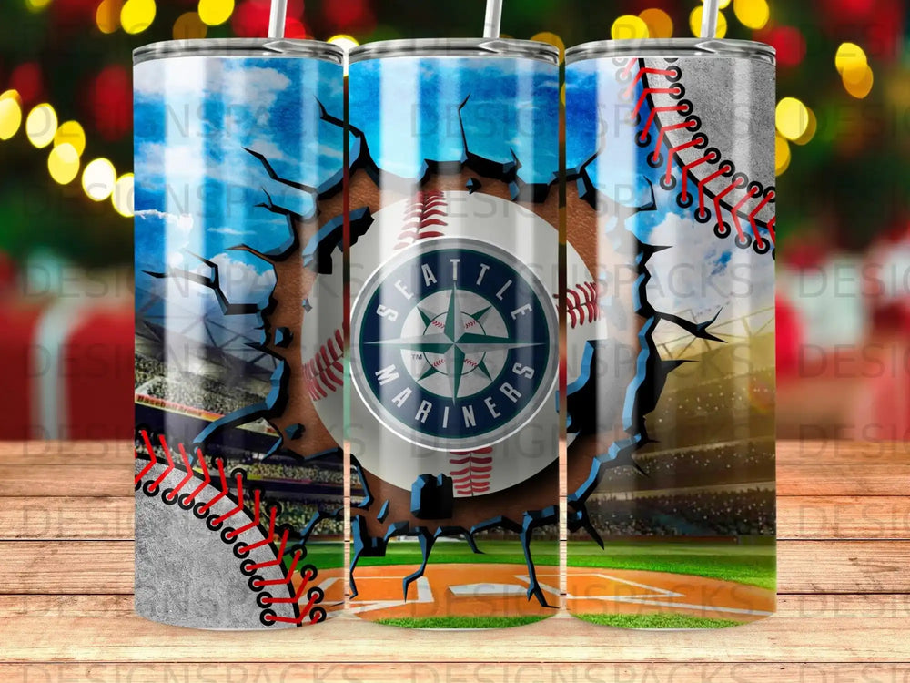 Seattle Mariners baseball stadium design on a cracked concrete tumbler.