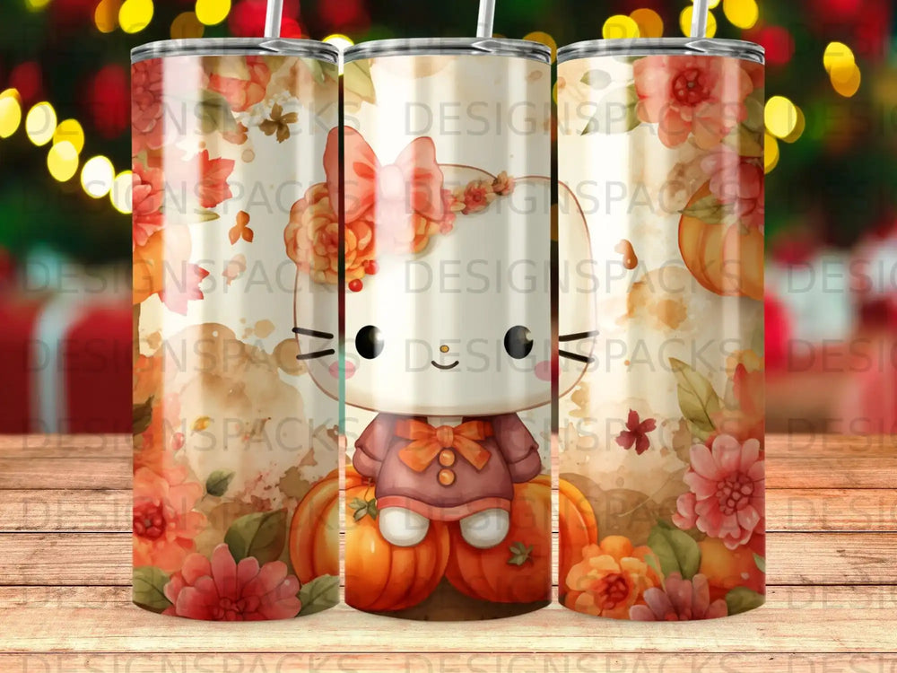 White cat in orange bow sitting on pumpkins with floral accents.