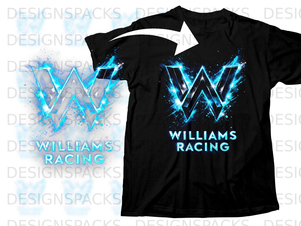 Black t-shirt with a blue neon "W" logo and "Williams Racing" text.
