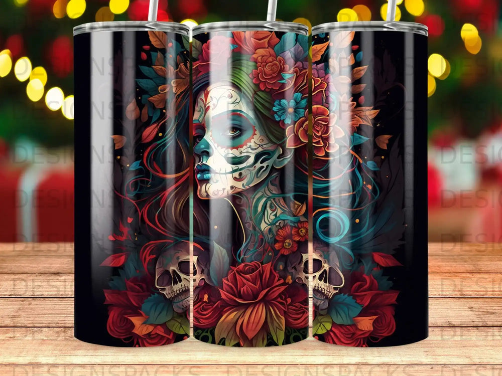 Sugar skull woman with flowers and skulls, dark background.