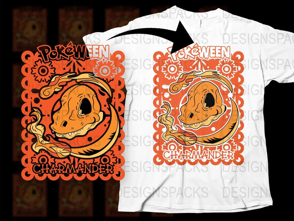 Pokéween Charmander Halloween T-Shirt, Spooky Pumpkin Design, Orange and White, Unisex Graphic Tee for All Ages