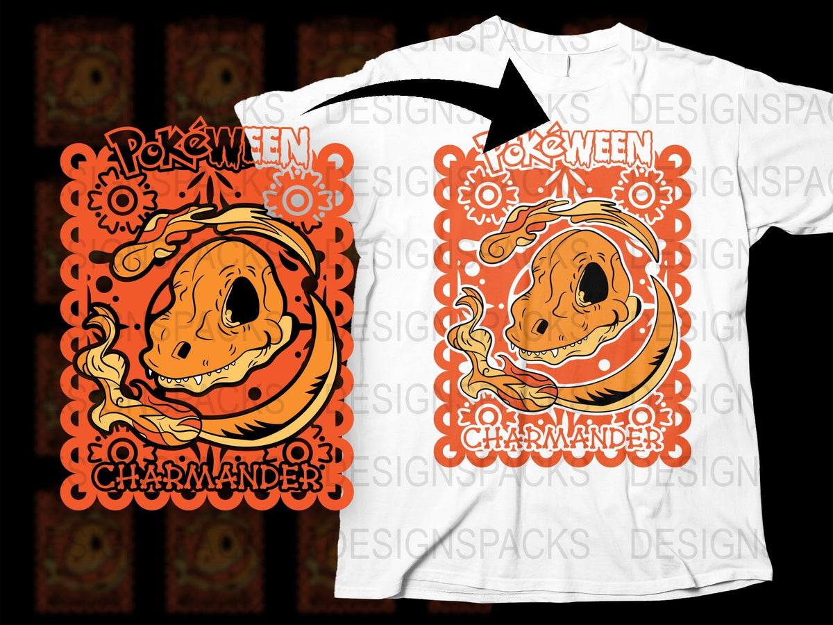 Pokéween Charmander Halloween T-Shirt, Spooky Pumpkin Design, Orange and White, Unisex Graphic Tee for All Ages