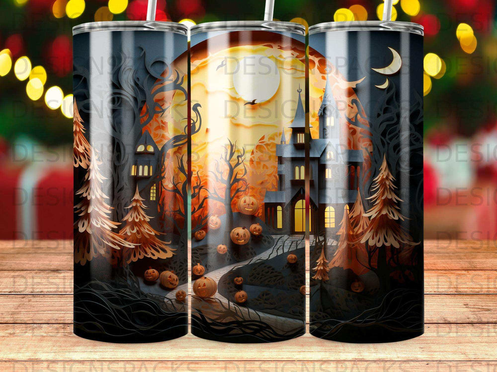 Halloween scene with a haunted house, pumpkins, and trees under a full moon.